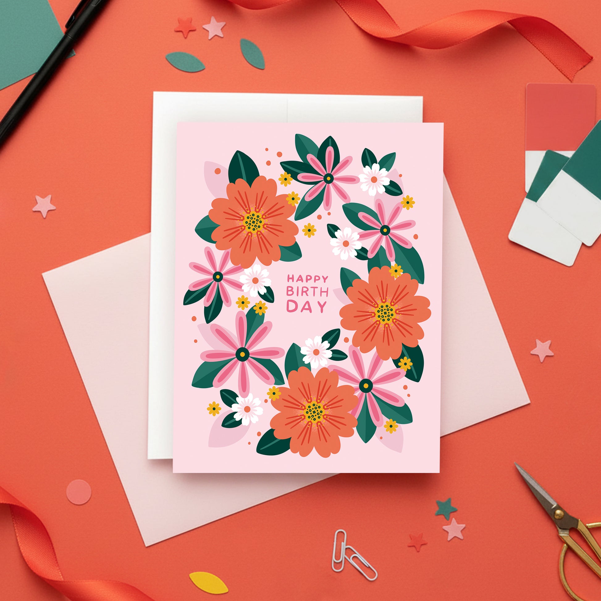 Happy Birthday Pink Floral Wreath Card