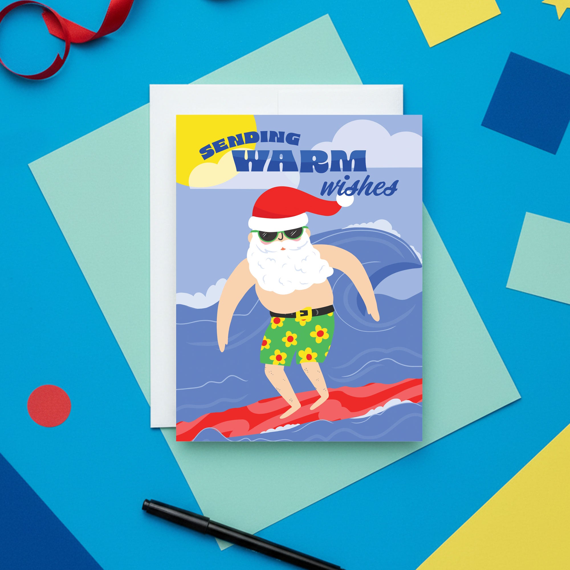 Surf’s Up, Santa! “Sending Warm Wishes” Tropical Holiday Card